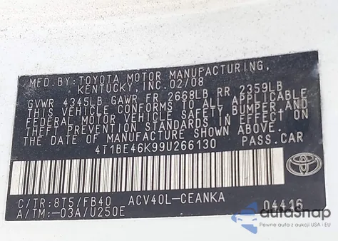 2009 Toyota Camry z USA, uszkodzony, nr VIN 4T1BE46K99U266130